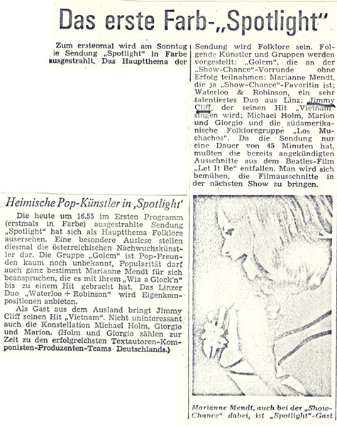 Golem - Presseberichte - ORF Show-Chance 1971 - Gewinner Golem